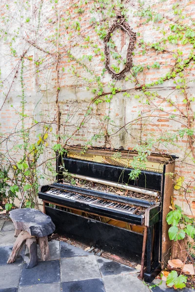 Altes Klavier mit Betonwand und Blatt — Stockfoto