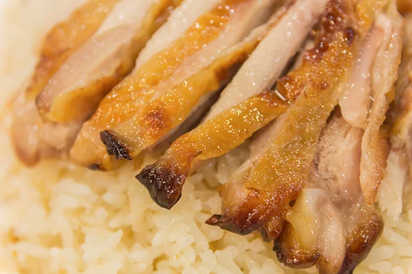 Griller le poulet avec une sauce piquante et épicée servie avec du riz vapeur  - — Photo