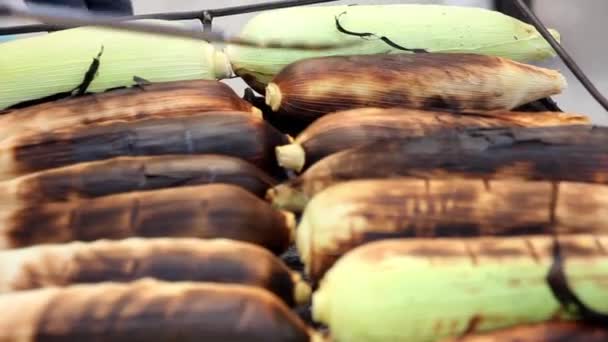 Grilled Corn with hand touch. — Stock Video