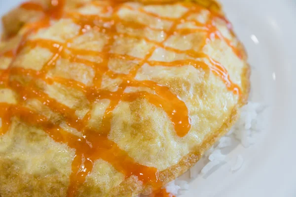 Omelet in een schotel van witte rijst en tomatensaus. — Stockfoto