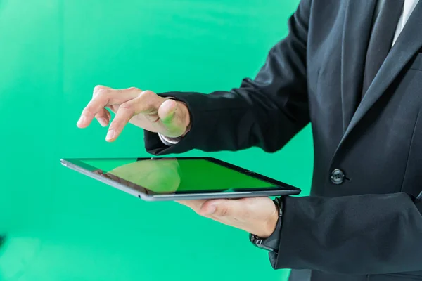 Hands Holding Tablet Computer Light Green Background — Stock Photo, Image