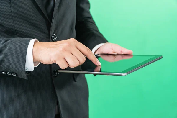 Hands Holding Tablet Computer Light Green Background — Stock Photo, Image