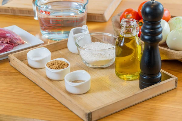 Food ingredients on the oak table closeup shot