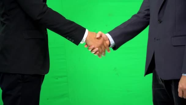 Geschäftlicher Händedruck auf grünem Bildschirmhintergrund, partnerschaftliches Vertrauen, Respektzeichen — Stockvideo