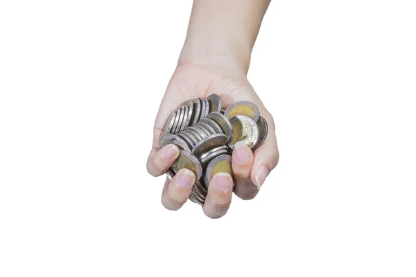 泰国硬币孤立在白色背景上的双手 — 图库照片