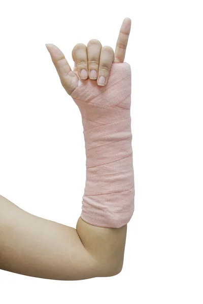 Splint,broken bone,broken hand isolate on white background — Stock Photo, Image