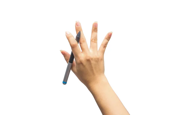 A female(woman) hands hold a red pencil isolated white, top view — Stock Photo, Image