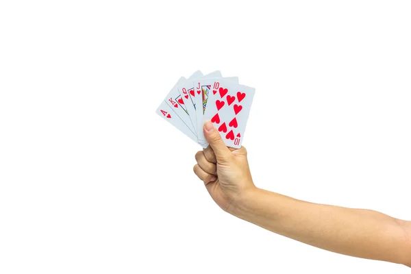 Игральные карты в руке изолированы на белом фоне — стоковое фото