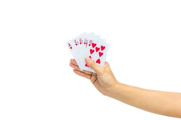 Jogando cartas na mão isolado no fundo branco — Fotografia de Stock