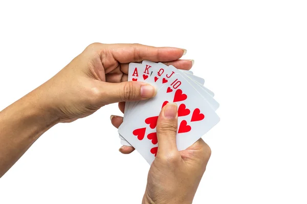 Hrací karty v ruce izolované na bílém pozadí — Stock fotografie