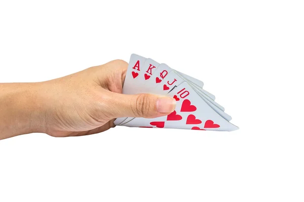 Játék kártyák a kezében elszigetelt fehér háttér — Stock Fotó