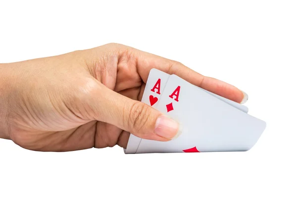 Playing cards in hand isolated on white background — Stock Photo, Image