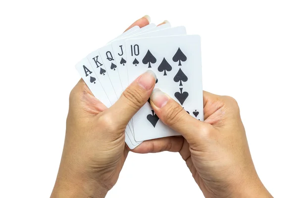 Playing cards in hand isolated on white background — Stock Photo, Image