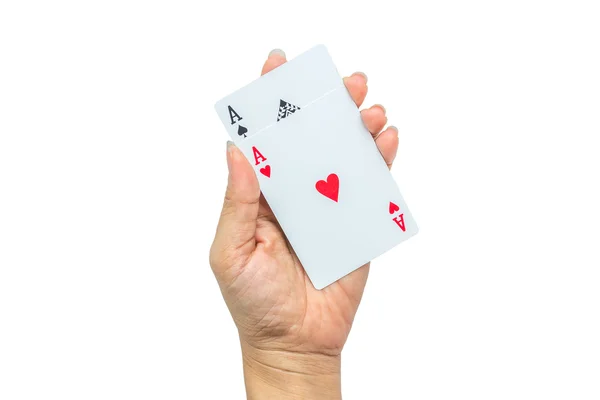 Karty do gry w ręku izolowane na białym tle — Zdjęcie stockowe