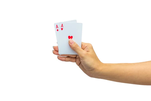 Spela kort i handen isolerad på vit bakgrund — Stockfoto