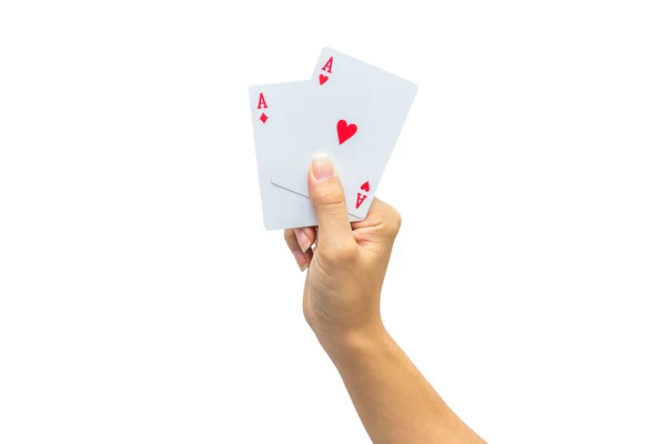 흰 배경에서 고립 된 채 카드 놀이를 하는 모습 — 스톡 사진