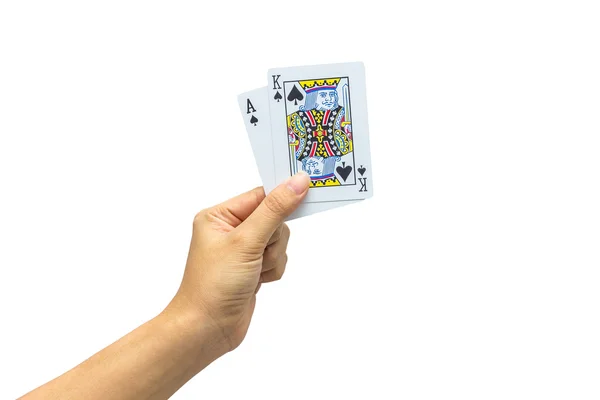 Jugar a las cartas en la mano aislado sobre fondo blanco —  Fotos de Stock