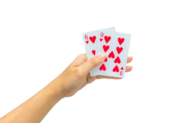 Jogando cartas na mão isolado no fundo branco — Fotografia de Stock