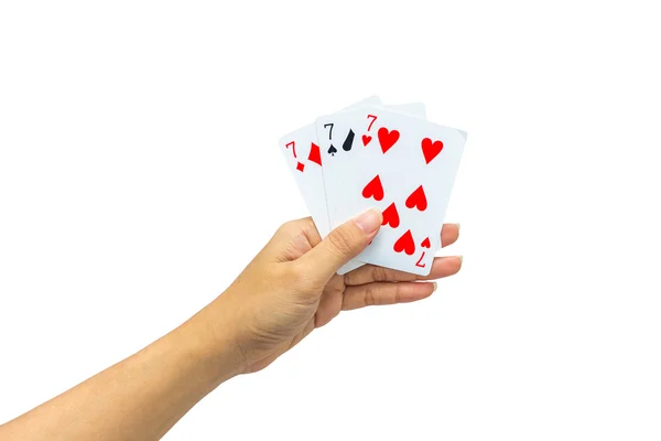 Játék kártyák a kezében elszigetelt fehér háttér — Stock Fotó