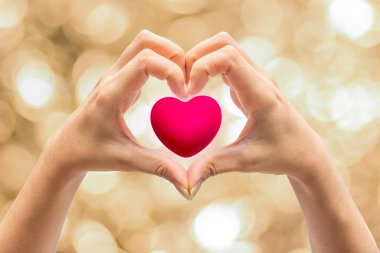 Doğa arka plan üzerinde elinde pembe kalp