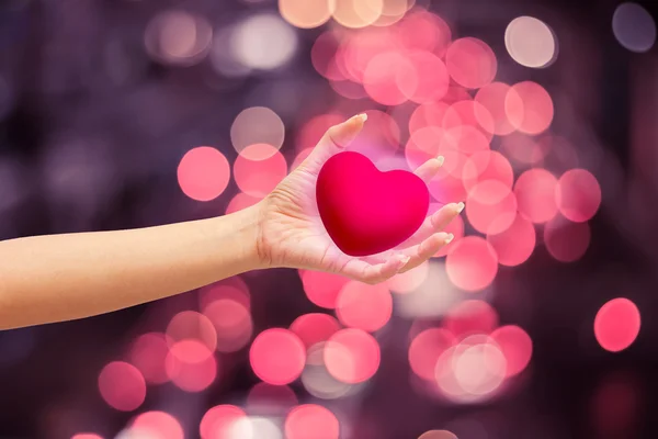 Cuore rosa in mano sullo sfondo della natura — Foto Stock