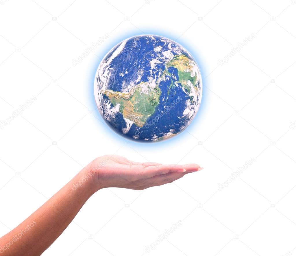 earth in hands on a white background. Elements of this image fur
