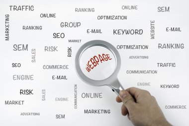 Metin ve büyüteç büyütme ile levha kelime Web sayfası