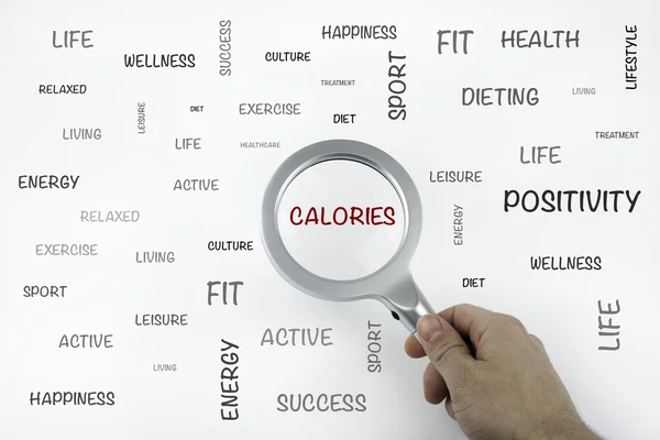 Blad met tekst en uitbreiding van het vergrootglas word calorieën — Stockfoto