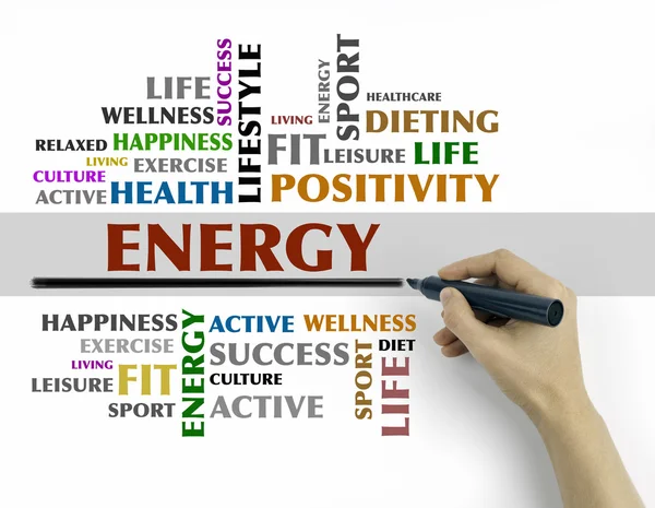 Mână cu scriere cu marker - ENERGY word cloud, fitness, sport, el — Fotografie, imagine de stoc