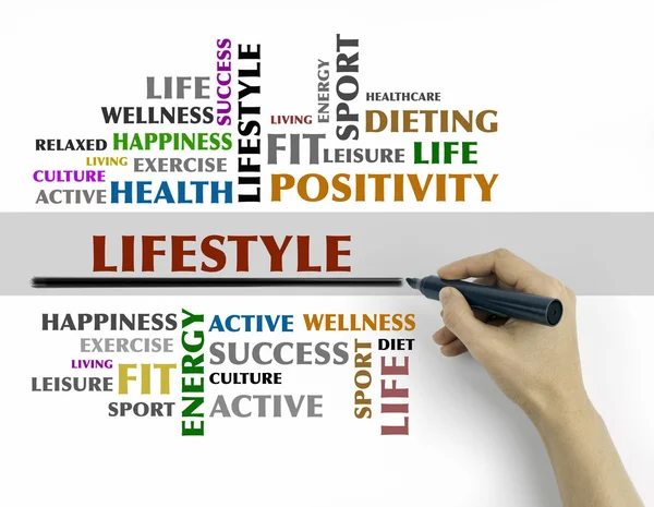 Hand met marker schrijven - Lifestyle word cloud, fitness, sport, — Stockfoto