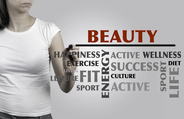 Mooie vrouw schrijven schoonheid word cloud, fitness, sport, gezondheid — Stockfoto