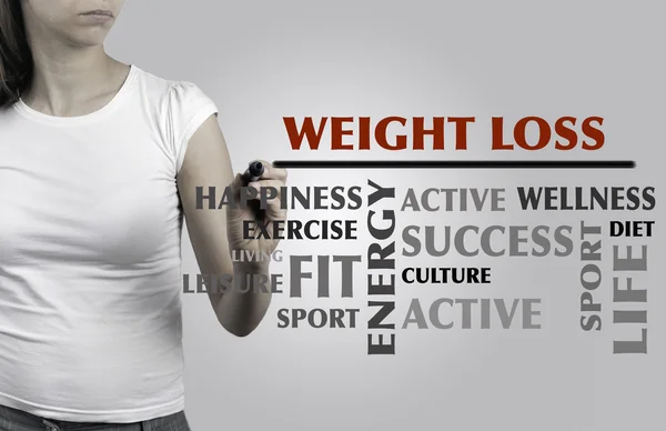 Mooie vrouw schrijven Weight Loss word cloud, fitness, sport, — Stockfoto