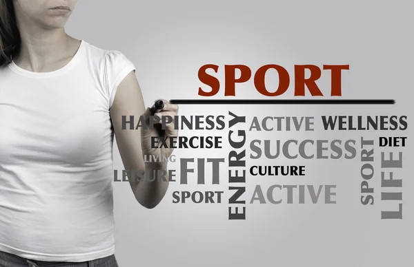Mooie vrouw schrijven Sport word cloud, fitness, sport, gezondheid — Stockfoto
