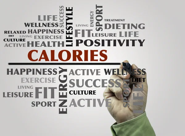 Hand met de markeerdraad schrijven calorieën word cloud, fitness, sport, h — Stockfoto