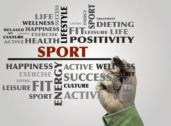 Mano con marcador escritura Deporte palabra nube, fitness, deporte, salud — Foto de Stock