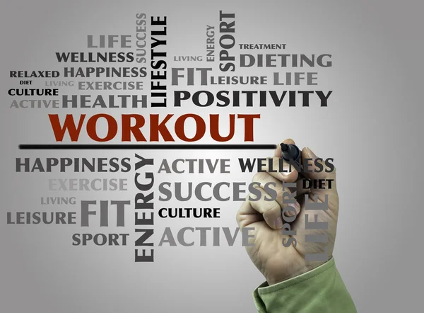 Hand with marker writing WORKOUT word cloud, fitness, sport, hea — Stock Photo, Image