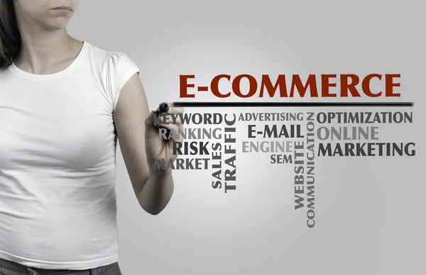 Beautiful woman writing - E-Commerce word cloud, business concep — Stock Photo, Image
