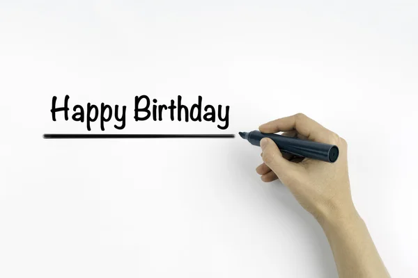 Mano con marcador escribiendo Feliz Cumpleaños — Foto de Stock