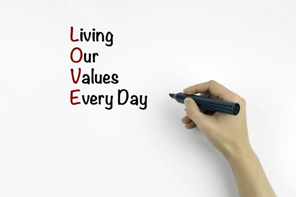 Hand with marker writing: LOVE - Living our values every day — Stock Photo, Image