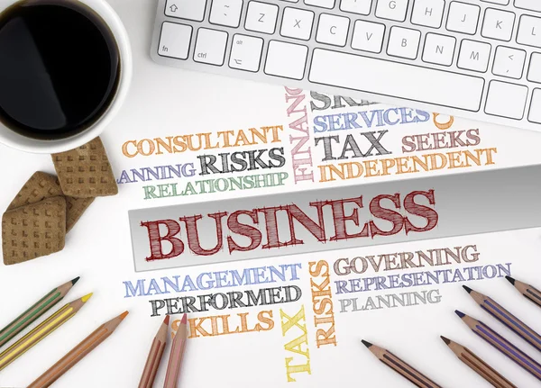 Business word cloud. Scrivania ufficio bianca — Foto Stock