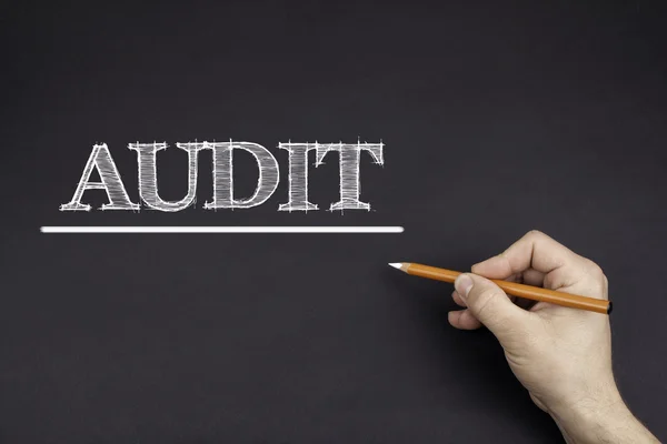 Hand with a white pencil writing: AUDIT — Stock Photo, Image