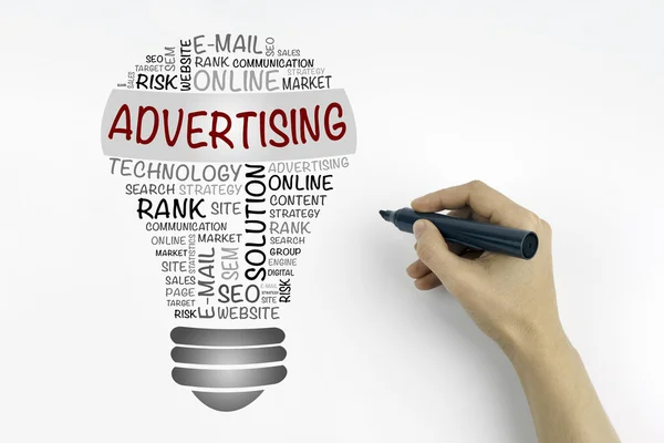 Hand with marker writing: ADVERTISING bulb word cloud — Stock Photo, Image