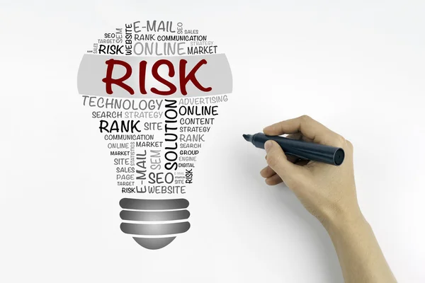 Hand with marker writing: RISK bulb word cloud — Stock Photo, Image