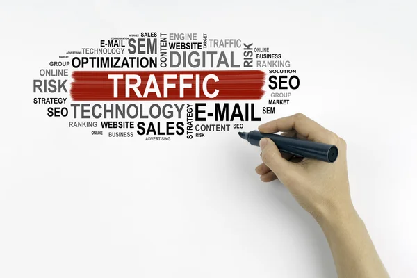 Mano con la scrittura di marcatori - TRAFFIC cloud, Business concept — Foto Stock