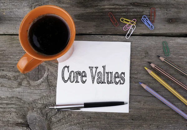 Core Values. Text on a note pad on a wooden table. — Stock Photo, Image