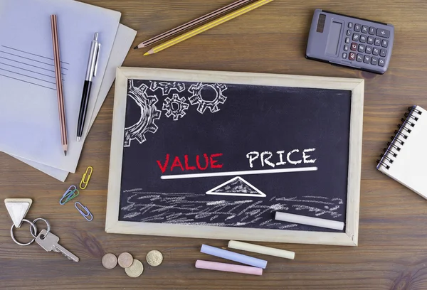 Value Price Balance. Chalkboard on wooden office desk — Stock Photo, Image