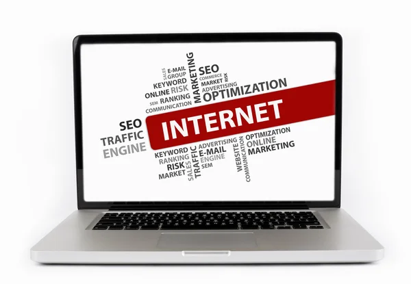 Internet word cloud, Business concept. Laptop isolato su bianco — Foto Stock