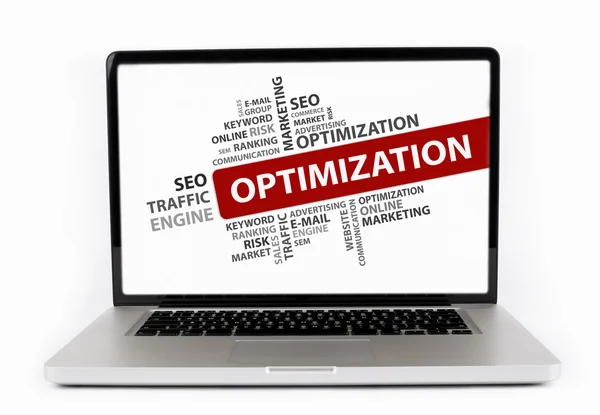 Optimization word cloud, Business concept. Laptop isolated on wh — Stock Photo, Image