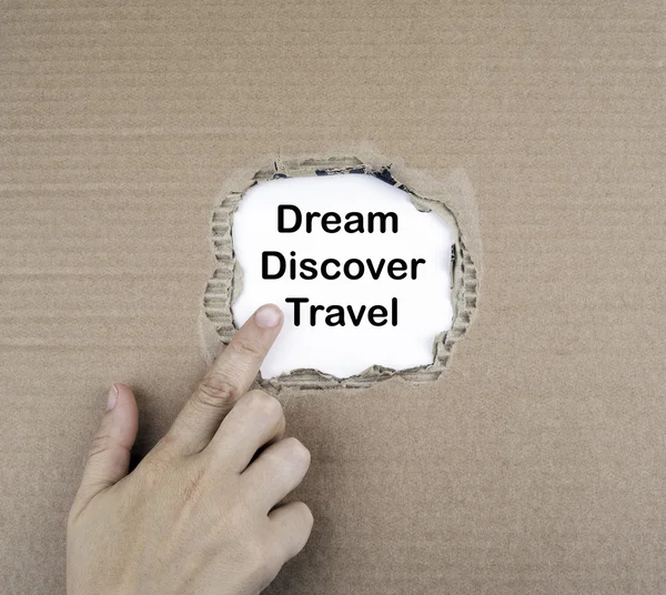 Mano dirigida al texto, Dream Discover Travel — Foto de Stock