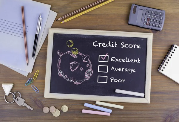 stock image Excellent Credit Score concept. Chalkboard on wooden office desk